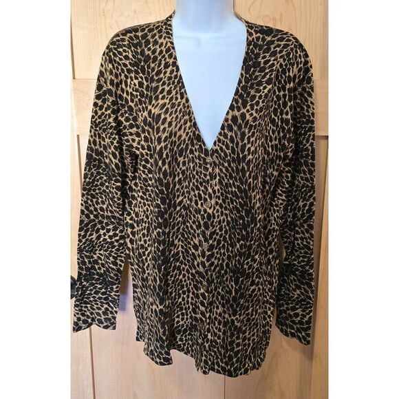 Liz Claiborne Collection Leopard Print Silk Button-Up Cardigan animal mob wife - Picture 1 of 6